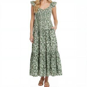 Abercrombie & Fitch Green White Ruffle Smocked Floral Midi Dress Pockets M